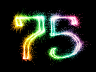 The number 75 written in fireworks