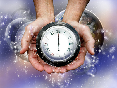 A pair of hands holding a clock.