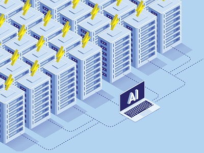Illustration of rows of AI data servers with yellow lightning bolts above them, connected to a laptop displaying “AI” on the screen, representing high energy use by artificial intelligence systems.