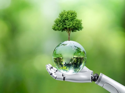 A robotic hand holding a glass globe with a tree growing from it, set against a bright green background, symbolising AI’s role in protecting the environment.
