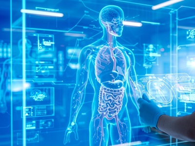 A healthcare professional using a futuristic digital interface to view a high-tech 3D anatomical model of a human body, with glowing data panels and medical displays.