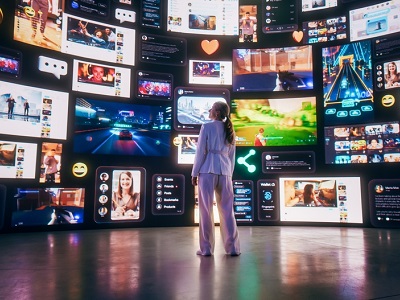 A young woman stands in front of a curved digital wall displaying dozens of social media, gaming, and video screens, representing AI’s role in online platforms.