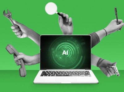 Laptop with AI on the screen surrounded by six human arms holding tools like a wrench, magnifying glass, phone, pen, USB, and screwdriver, on a green background