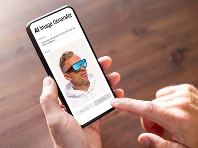 A close-up of a smartphone showing an AI image generator app, displaying a man wearing large blue sunglasses, with a person’s hand holding and tapping the screen.