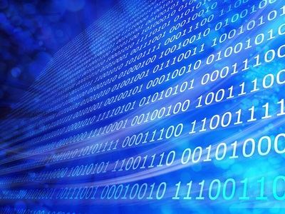 A digital image showing rows of glowing binary code (ones and zeroes) on a blue background, representing how AI processes and learns from large amounts of data.