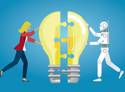 Illustration of a woman and a robot working together to complete a giant lightbulb made of puzzle pieces, symbolising human and AI collaboration.