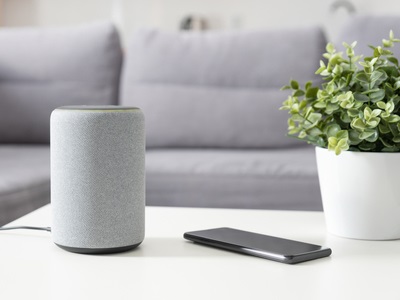 A grey smart speaker sitting on a white table next to a smartphone, with a green potted plant and a grey sofa in the background, showing a modern home setting.