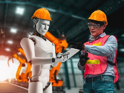 A humanoid robot and a human worker wearing safety helmets and vests stand in a high-tech factory, reviewing a tablet together in front of robotic machinery.