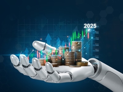 A robotic hand holding stacks of coins with digital graphs showing economic growth in 2025, representing AI’s role in boosting the economy.