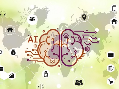 Illustration of a digital brain over a world map with AI icons representing everyday life, surrounded by smart technology symbols like shopping, messaging, health, and finance, with the words “AI Everywhere” in bold at the bottom.