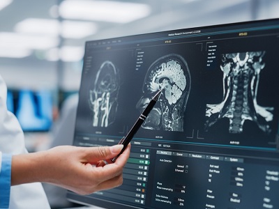Doctor reviewing a brain scan on a screen with a patient, representing an AI stroke tool that helps spot blood clots more quickly so treatment can start sooner.