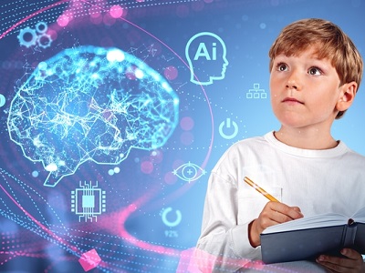 A young boy holding a notebook and pencil, looking thoughtfully at digital graphics of an AI brain and icons, symbolising learning and curiosity about artificial intelligence.
