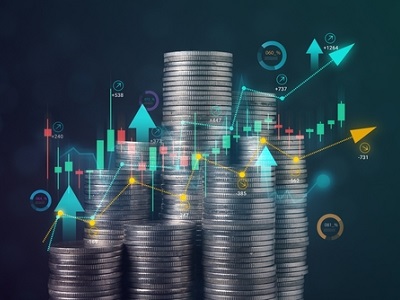 Stacks of silver coins in front of a dark background with colourful financial charts and arrows showing growth, symbolizing rising investment and costs.