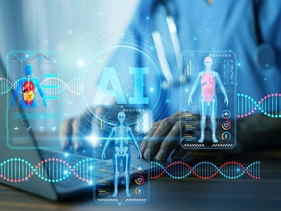 A doctor using a laptop with glowing AI graphics showing human anatomy scans, DNA strands, and medical data, representing artificial intelligence in healthcare.