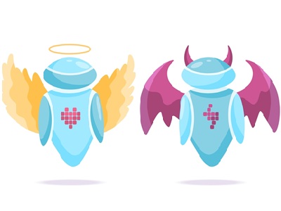 A cartoon illustration of two robots: one with angel wings and a halo, and one with devil horns and bat wings, representing the good and bad sides of Artificial Intelligence.