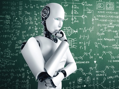 A humanoid robot stands thoughtfully in front of a chalkboard covered in complex mathematical equations and scientific formulas, symbolising artificial intelligence and machine learning concepts.