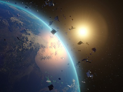 Illustration of Earth in space with an orbiting satellite and pieces of space debris, suggesting AI technology helping satellites track and avoid dangerous space junk.
