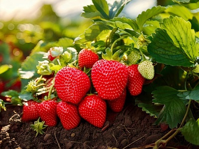 A close-up of ripe red strawberries growing on a plant in a sunny field, surrounded by green leaves and soil, with some unripe pale strawberries nearby.