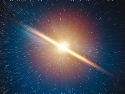 Illustration of a bright supernova-like burst streaking across a star-filled sky, with motion blur suggesting high speed in outer space.