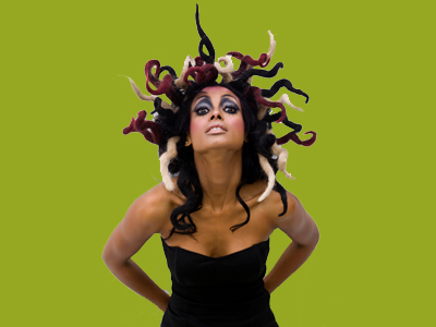 Woman with Medusa-like hair staring