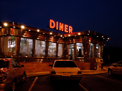 Diner lit up at night