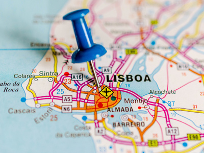 Map showing Lisbon marked by pin