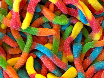 Colourful worm-shaped sweets