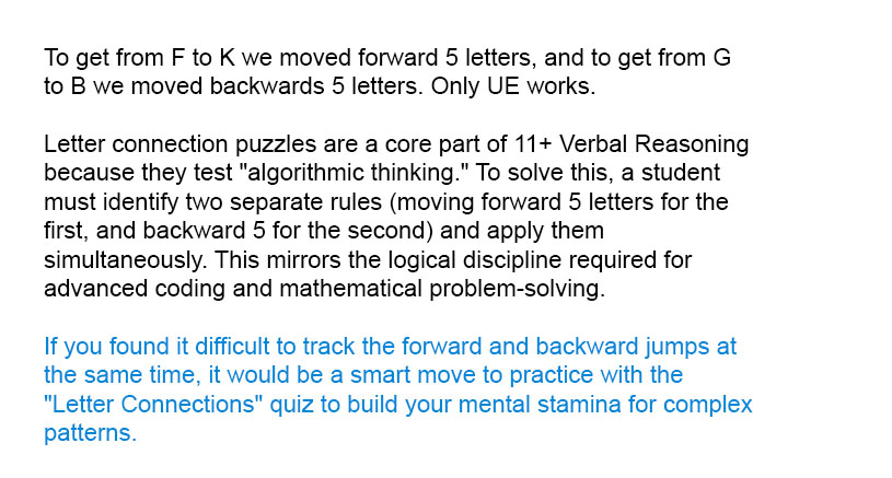 To get from F to K we moved forward 5 letters, and to get from G to B we moved backwards 5 letters. Only UE works.<br /> The puzzle in question 1? Two, to, too. How many can you think of?

Letter connection puzzles are a core part of 11+ Verbal Reasoning because they test "algorithmic thinking." To solve this, a student must identify two separate rules (moving forward 5 letters for the first, and backward 5 for the second) and apply them simultaneously. This mirrors the logical discipline required for advanced coding and mathematical problem-solving.

If you found it difficult to track the forward and backward jumps at the same time, it would be a smart move to practice with the "Letter Connections" quiz to build your mental stamina for complex patterns.