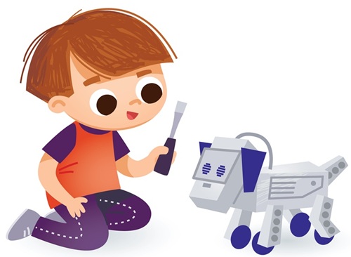 Child building a robot dog with a screwdriver
