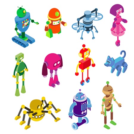 A colourful group of cartoon-style robots