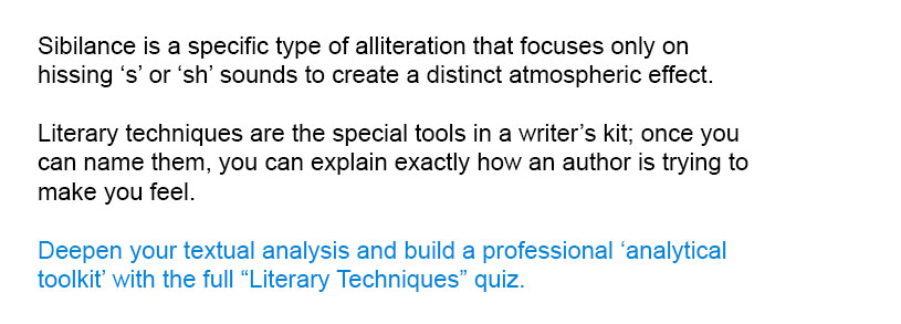 Sibilance is a specific type of alliteration that focuses only on hissing 's' or 'sh' sounds to create a distinct atmospheric effect.

Deepen your textual analysis and build a professional 'analytical toolkit' with the full Literary Techniques quiz.<br/><br/>

Literary techniques are the special tools in a writer's kit; once you can name them, you can explain exactly how an author is trying to make you feel.