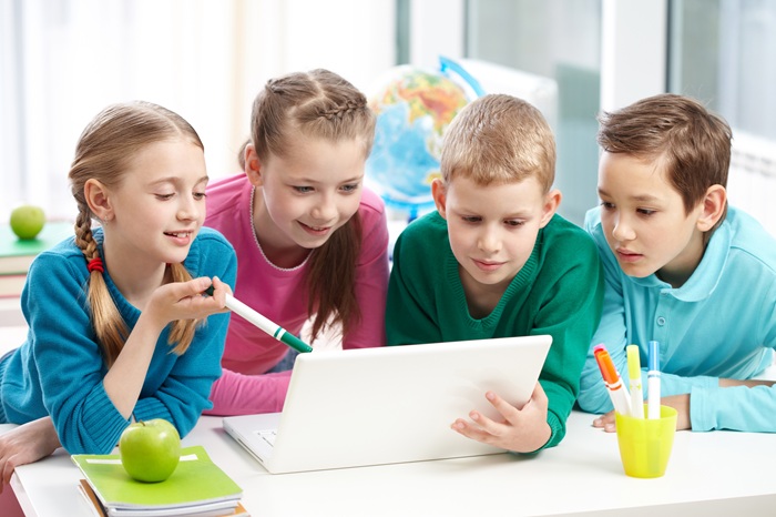 Happy family using tablet for safe AI learning