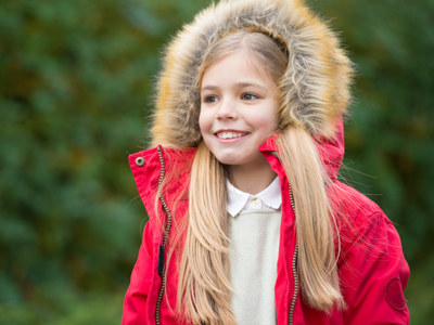 Child wearing furry hooded coat