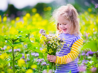 Child picking flowers in spring