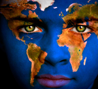 Blue human face with superimposed world map
