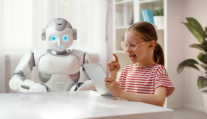 Firendly White Robot Sitting With a Child