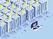 Illustration of rows of AI data servers with yellow lightning bolts above them, connected to a laptop displaying “AI” on the screen, representing high energy use by artificial intelligence systems.