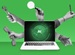 Laptop with AI on the screen surrounded by six human arms holding tools like a wrench, magnifying glass, phone, pen, USB, and screwdriver, on a green background