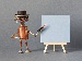A small robot made from metal parts wearing a black hat holds a red pencil and points at a blank canvas on an easel, ready to draw or create artwork.
