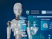 A silver humanoid robot interacts with a futuristic digital screen showing data charts, calendars, AI chatbot messages, and analytics, representing the connection between AI and robots.