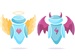 A cartoon illustration of two robots: one with angel wings and a halo, and one with devil horns and bat wings, representing the good and bad sides of Artificial Intelligence.