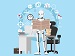 A friendly white robot stands by an office desk reading a newspaper, with icons of clocks, charts, magnifying glasses and gears floating behind, suggesting technology and news.