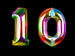 Two bright balloons in the shape of a number 10