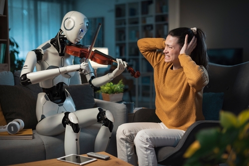 Robot playing violin badly while person covers ears