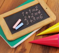 Maths equations written on a small blackboard